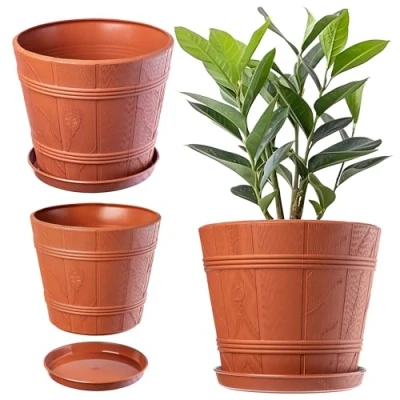 Afbeelding van KADAX Bloempot, bloembak met onderzetter, plantenpot voor binnen en buiten, houtlook, weerbestendige sierpot van kunststof, bloempot bloemen, tuin, balkon, Ø 38 cm, terracotta