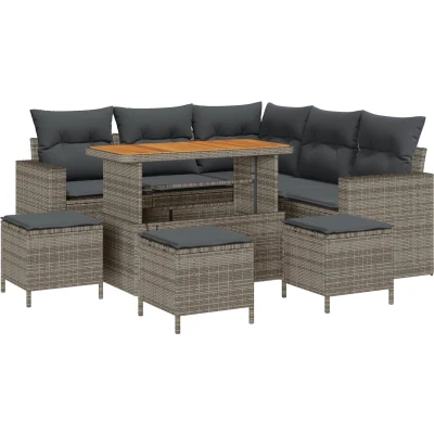 Afbeelding van vidaXL 9 delige Tuinsalonset met Kussens Grijs Poly Rattan Acacia, 4 Tuin Eetset Acacia