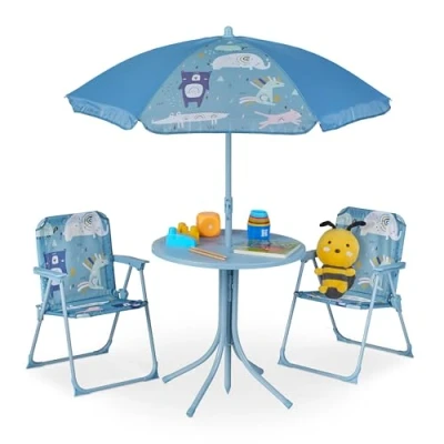 Afbeelding van Relaxdays tuinset kinderen, kinderzitgroep met parasol, tafel &amp; kinderstoelen, camping tuin, blauw