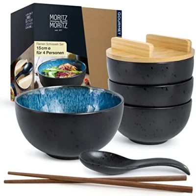 Afbeelding van Moritz &amp; SOLID set van 4 stuks, blauw reactief inclusief deksel en lepel, zwarte ramenbowl voor personen, soep, poot sushibowl