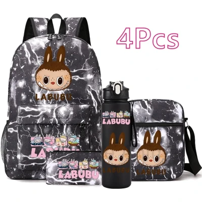 Afbeelding van Schooltas 4 delige Rugzak Set met Waterfles, Lunchtas &amp; Etui Canvas Schoolrugzak voor Tieners 32x15x45cm Zwart