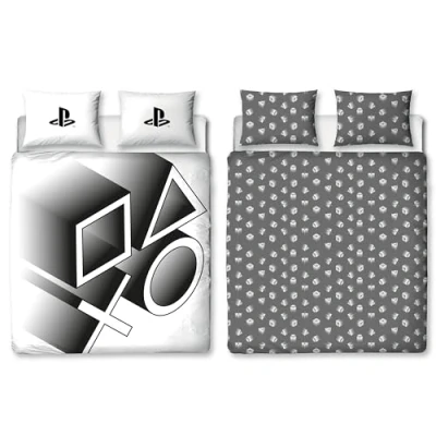 Afbeelding van Character World Officiële PlayStation dubbele dekbedovertrekset Stretch Design omkeerbaar 2 zijdig beddengoed inclusief bijpassende kussenslopen Gaming zwart wit tweepersoonsbedset