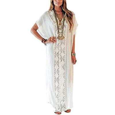 Afbeelding van YouKD Katoen Hollow Up Bloemen Losse Caftan Boho Strand Bikini Cover Jurk Plus Size Loungewear voor Vrouwen