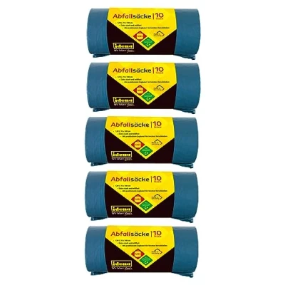 Afbeelding van Idena 50056 5 Afvalzakken set, rollen met elk 10 stuks, blauw, 120 liter, 40µ extra sterk en scheurvast, praktisch trekkoord, trekkoordzakken