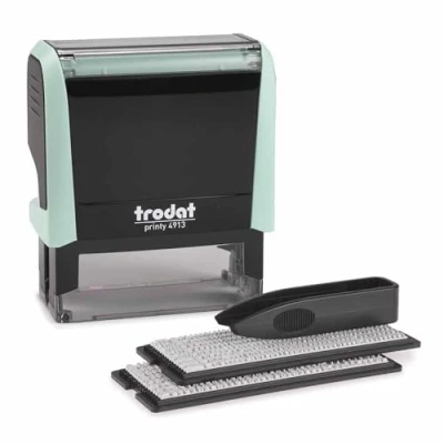 Afbeelding van Trodat Printy 4913 Pastel Groen DIY stempel voor het zelf zetten van tekst 5 regels tekst, afdruk 58x22 mm, Nederlands, incl. pincet, zwart stempelkussen &amp; letter en cijferset in twee formaten