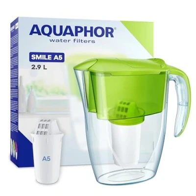 Afbeelding van AQUAPHOR Waterfilter Smile lichtgroen incl. 1 A5 filter, vermindert kalk en chloor, karaf voor 2,9 l, compacte lichte waterfiIter, tafelwaterfilter, past in de koelkastdeur