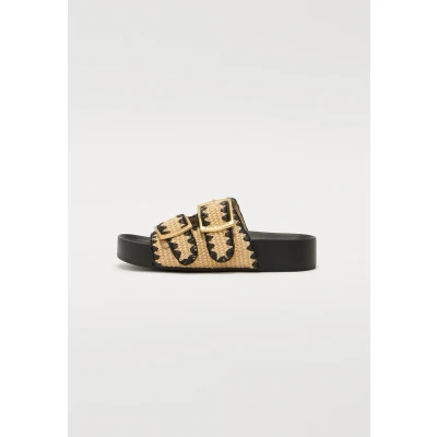 Afbeelding van Steve Madden dames On Deck slipper van raffia met gespdetail in de kleur Beige, maat: 36