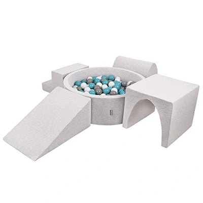 Afbeelding van KiddyMoon schuimspeelplaats met rond ballenbad (300 ballen) ballenbakken voor baby&#039;s speelbad hindernisbanen, made in the eu, lichtgrijs:grijs/wit/turquoise