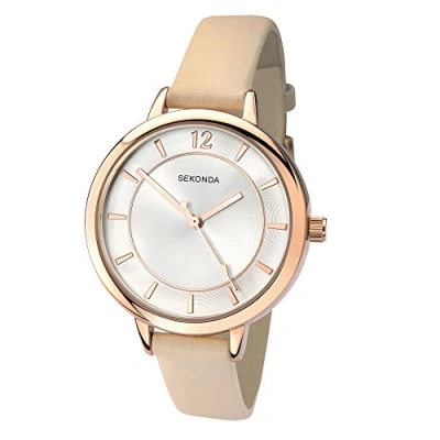 Afbeelding van Sekonda 35mm Klassiek dameshorloge met roségouden kast, analoog kwartshorloge, crmeband/zilveren wijzerplaat, 37, Beige band/zilveren wijzerplaat