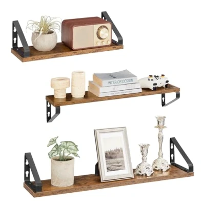 Afbeelding van VASAGLE Wandplank, zwevende plank, set van 3, 2 montagemogelijkheden, hangende opbergplank, voor woonkamer, keuken, kantoor, badkamer, rustiek bruin en matzwart LWS043K01