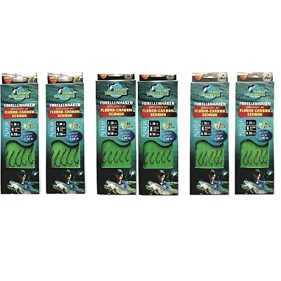 Afbeelding van Set: 2 6 verpakkingen gebonden forelhaken (10 30 stuks) aan fluoro carbon koord voorvak, haakmaat 4, &amp; 8 van Behr gratis Petri Heill! Stickers (mix. Pack Gr. 8)