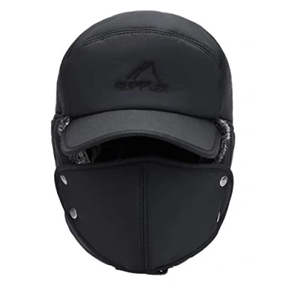 Afbeelding van iEasey Winter Trapper Hoed met Oorklep Gezichtsmasker Warm Thermisch Bont Bomber Geïsoleerde Honkbalpet Gezichtsbedekking Winddicht Sneeuwdichte Ushanka Hoeden Trooper voor Skiën Fiet, Groot formaat zwart, M/L