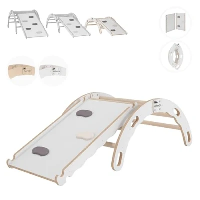 Afbeelding van MAMOI® Montessori Klimboog met glijbaan, klimdriehoek, babyklimmen, houten boog voor kinderen, glijplank speelplaats, klimrek binnen vanaf 1 jaar, 2/3
