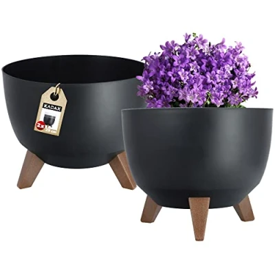Afbeelding van KADAX Bloempot van kunststof met drie insteeksteunen, ronde bloemenschaal, plantenbak, bloembak, plantenbak voor balkon, woonkamer (pak 2 x 29 cm diameter, zwart)