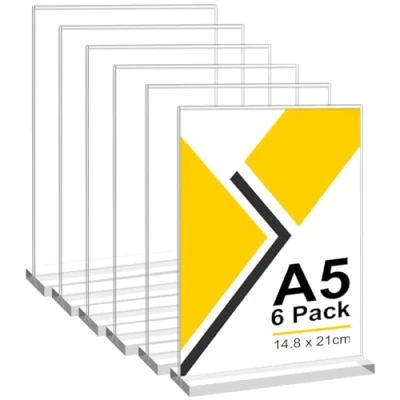 Afbeelding van Set van 6 stuks acrylbordenhouder, A5, transparante T vormige standaard, tafelbordhouder