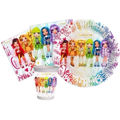 Afbeelding van Ciao Feestservieset Rainbow High voor 24 personen (88 stuks: borden Ø18cm, kopjes 200ml, 40 servetten 33x33cm) in milieuvriendelijk composteerbaar papier