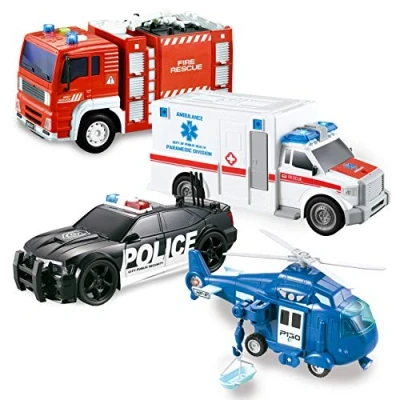 Afbeelding van JOYIN 4 pack wrijvingsaangedreven City Hero speelset inclusief brandweerwagen, ambulance, politieauto en helikopter noodvoertuigen met licht geluid