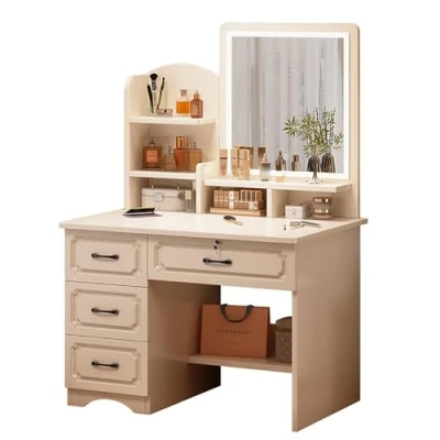 Afbeelding van Kaptafel, Make Uptafel Met Laden, Kaptafel Spiegel En Led Verlichting, 3 Verlichtingsmodi, Kaptafelset Laden Open Plank Opbergkast 132x37x80cm