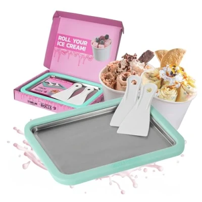 Afbeelding van STONELINE by Mr. Ice Cream Rolls Original Maker IJsschotel Mint 26 x 21 3,5 cm met 2 spatels voor zelfgemaakte ijs doe het zelf ijsrollen roestvrijstalen plaat ijsmachine sorbet