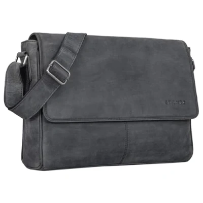 Afbeelding van STILORD &#039;Oskar&#039; schoudertas laptop tas 15 inch echte lederen boodschappentas zakelijke vintage look, Kleur:carbon grijs