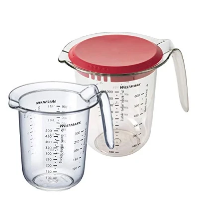 Afbeelding van Set 2 delig, maatkannen 0,5 l en 1 met deksel, meertalige meetschalen, kunststof, transparant/rood,