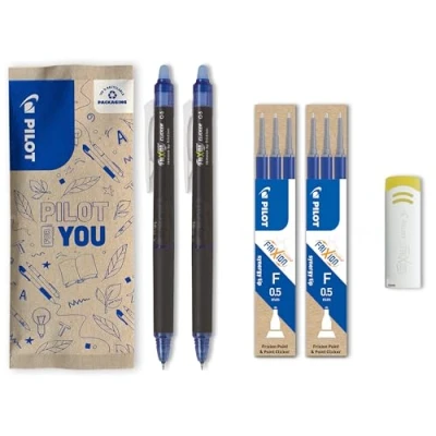 Afbeelding van PILOT Set van 2 FriXion Point Clicker 0,5 uitwisbare en intrekbare rollerbalpen blauw + sets met 3 blauwe vullingen gum fijne punt