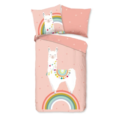 Afbeelding van Kinderdekbedovertrek voor Kinderen 135x200 cm Lama en Regenboog Print Roze 1 Persoons 100% Katoen