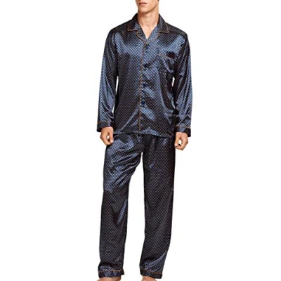 Afbeelding van Satijnen pyjama voor heren, nachtkleding, loungewear, Blauw goud, M