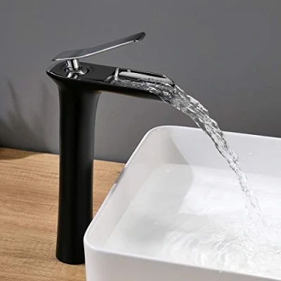 Afbeelding van AIMADI Kraan Badkamer Waterval Wastafelkraan Hoge Opzetwastafel Zwart Chroom