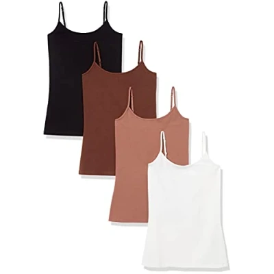 Afbeelding van Amazon Essentials Women&#039;s Hemd met slanke pasvorm, Pack of 4, Zwart/Bruin/Lichtbruin/Wit, XS