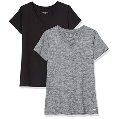 Afbeelding van Amazon Essentials Dames Tech Stretch T shirt met korte mouwen en V hals (verkrijgbaar in grote maten), 2 Pack, Donkergrijs Ruimteverf/Zwart, S