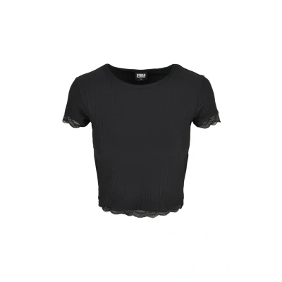 Afbeelding van Urban Classics Ladies Cropped LACE HEM TEE Tshirt print, Dames, Maat: 3XL, Schwarz