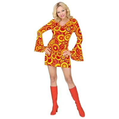 Afbeelding van Widmann Hippie Kostuum Oranje Blauwe Bellen Bubbels Jaren 70 Vrouw Small Carnavalskleding Verkleedkleding
