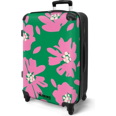 Afbeelding van NoBoringSuitcases.com® Koffer groot Rolkoffer lichtgewicht Groen met roze bloemen Reiskoffer 4 wielen Grote trolley XL 20 kg bagage