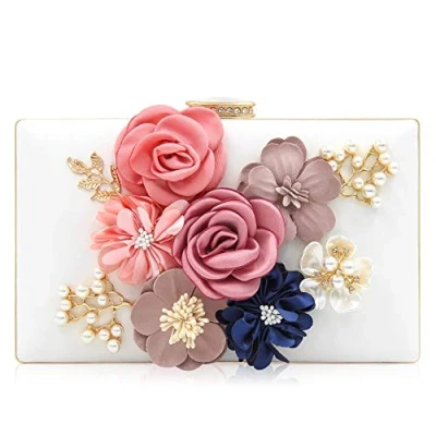 Afbeelding van Milisente Avondtas voor vrouwen, bruilofts avondclutch met bloemenpatroon, portemonnee, bruidstas, bloemenclutch, tas, Wit, Medium