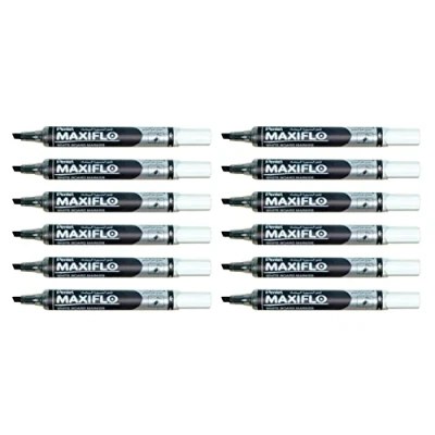Afbeelding van Pentel Maxiflo Dry Wipe Fine Beitel Point Marker Zwart Pack van 12