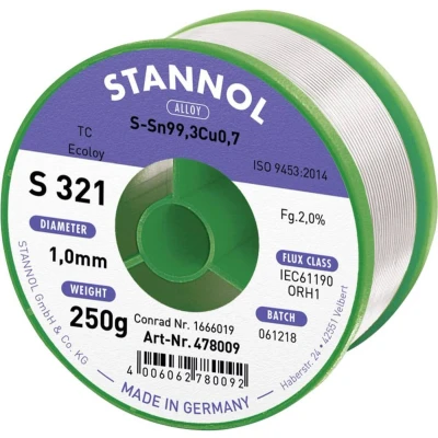 Afbeelding van Stannol S321 2,0% 1,0MM SN99CU0,7CD 250G Soldeertin, loodvrij Loodvrij, Spoel Sn99,3Cu0,7 ORH1 250 g 1 mm