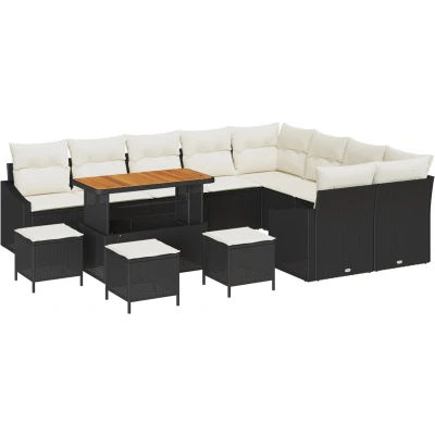 Afbeelding van vidaXL 13 delige Tuinbank Set met Kussens Zwart Poly Rattan Acacia, 4 Tuin Eet 2 zit