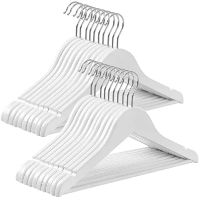 Afbeelding van SONGMICS kleerhanger voor kinderen van massief hout, 20 stuks, houten met antislip broekstang en inkepingen, 360 draaibare haak, 35 x 1,2 cm, wit CRW06W