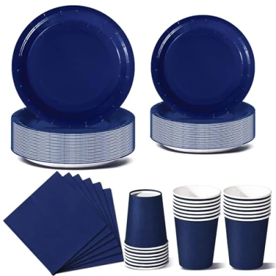 Afbeelding van Nkaiso Dambini Partyservies, 96 stuks, donkerblauw, decoratie voor meisjes, verjaardag, dambini, feestartikelset, inclusief wegwerpborden en papieren gooien, feestbekers, servetten 24 gasten