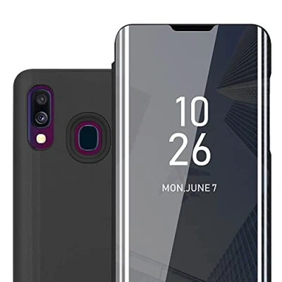 Afbeelding van Cadorabo Hoesje geschikt voor Samsung Galaxy A40 in TOERMALIJN ZWART Clear View Spiegel Beschermende Case met Tribunefunctie 360 Graden Bescherming Book Cover Etui