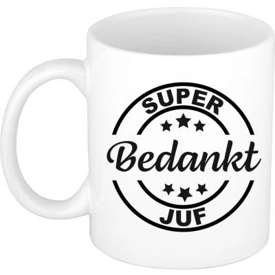 Afbeelding van Super bedankt juf cadeau mok/beker wit 300 ml feest mokken