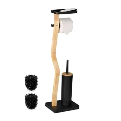 Afbeelding van toiletbutler wc rolhouder borstel en houder met plankje staand zwart