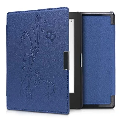 Afbeelding van kwmobile e reader hoesje compatibel met Kobo Aura Edition 1 Magneetsluiting Ereader case Stengels en Vlinder in donkerblauw
