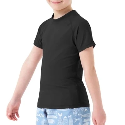 Afbeelding van MEETWEE Badpak voor kinderen, Rashvest, lange mouwen/kort, UPF 50+ zonwering, Rash Guard 5 15 jaar, zwart, korte mouwen, 14 Jaren