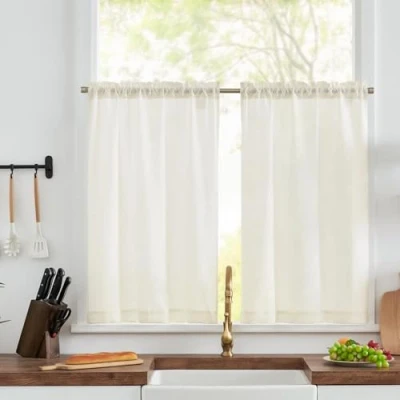 Afbeelding van Topick Vitrage, linnen bistrogordijn, halftransparant gordijn, blikdicht gaas, sjaals, raamsjaal voor keuken, woonkamer, landelijke stijl, set van 2, 65 x 90 cm (b h), wit