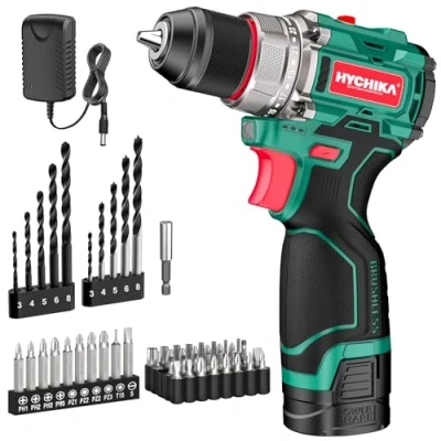 Afbeelding van HYCHIKA Accuboormachine, borstelloze accuschroevendraaier, max. 45 Nm, met 23 + 1 draaimomentniveaus, 53 stuks accessoires, 2 versnellingen, ledlicht, 1500 mAh accuboor voor huis en tuin, doe het zelf
