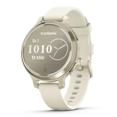 Afbeelding van Garmin Lily 2 Active Stijlvolle GPS smartwatch 33 sport apps 9 dagen batterijduur Adaptieve trainingsschema&#039;s Lunar Gold met Bone Siliconen Bandje