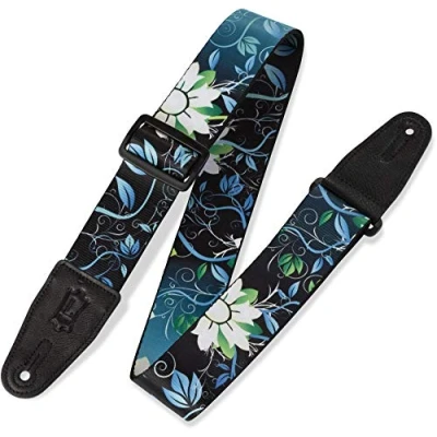 Afbeelding van Levy&#039;s Leathers MPD2 038 gitaarriem, polyester, sublimatieprint, met originele kunstenaars design, echt lederen uiteinden, motief blauwe bloemen