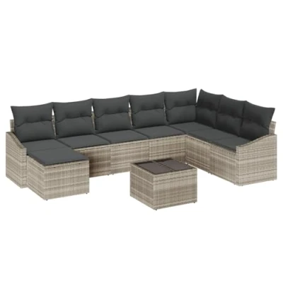 Afbeelding van vidaXL 9 delige Tuin Eetset met Kussens Grijs Poly Rattan